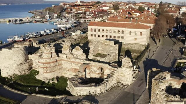 Aerial view over ancient fortress entrance to Nesebar old town harbour