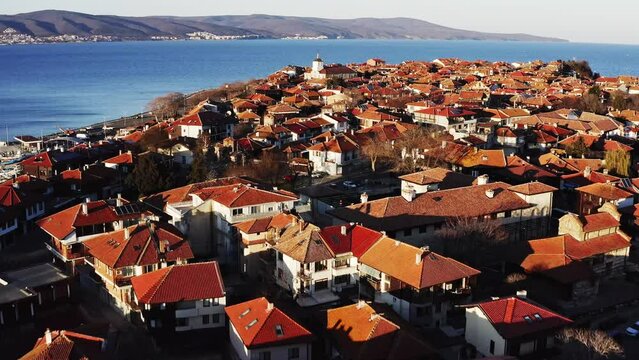 Nesebar, Black Sea holiday destination drone flight over ancient town Bulgaria
