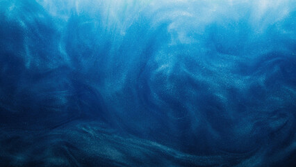 Shimmering fluid. Ink water. Sparkling wave. Magic blizzard. Blue color glowing glossy smoke cloud...
