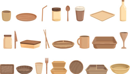 Biodegradable tableware icons set cartoon vector. Food paper. Party plate - obrazy, fototapety, plakaty