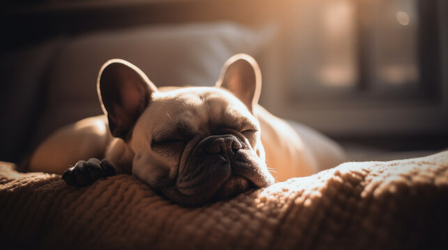 Portrait de Bulldog français qui dort sur canapé généré par IA