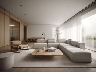 Fototapeta na wymiar Diaphanous Interior design of modern apartment, living room with sofa and coffee tables 3d rendering, Alvaro Siza Vieira style. Created using generative AI.