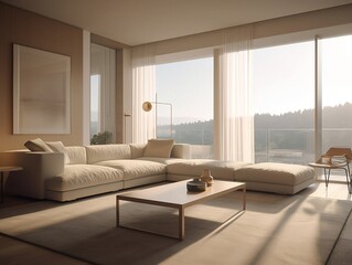 Fototapeta na wymiar Diaphanous Interior design of modern apartment, living room with sofa and coffee tables 3d rendering, Alvaro Siza Vieira style. Created using generative AI.
