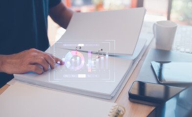 analyst discussion on data charts, Analyst working with Business Analytics and Data Management System, KPI report and metrics connected to database. Corporate strategy for finance, work from home