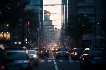 A busy city street with skyscrapers, bokeh Generative AI