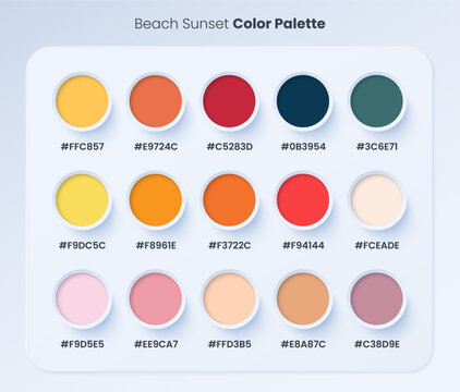 Beach Sunset Trendy pastel colour guide palette catalogue. Future color trend in RGB Hex. Palette Guide with Hex color code swatches.