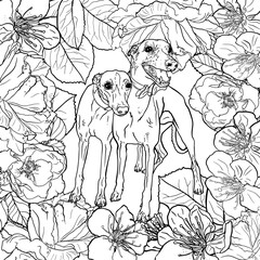 Fototapeta na wymiar Tropical flowers and leaves, dog floral pattern, peonies, leaves. Vector. Colouring book for adults. Side facing illustrations. Contour, antistress, Black and white