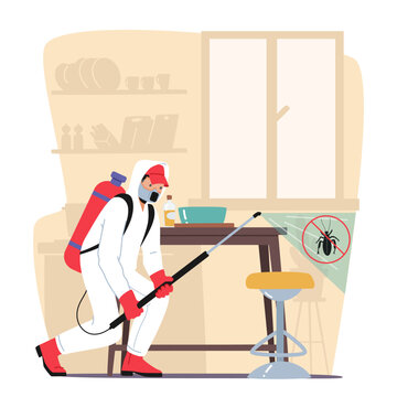 Pest Control Service In Office. Exterminator Spraying Insecticide, Setting Traps, And Inspecting For Pests