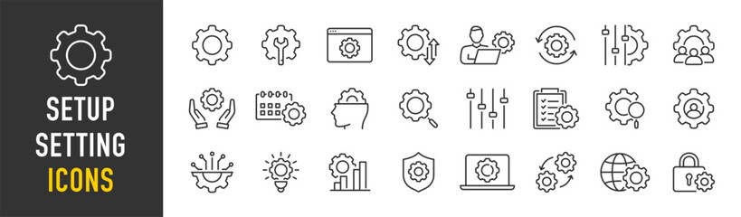 Setup and Settings web icons in line style. Options, download, update, configuration, gears, optimization, collection. Vector illustration.