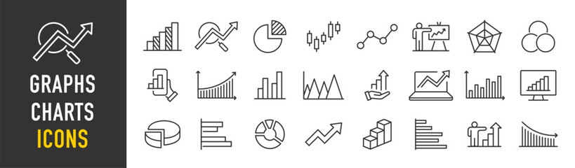 Graph and Charts web icons in line style. Graphics, infographic, statistics, data, diagrams, economy reduction, finance, down or up arrow, business, increase, decrease. Vector illustration.