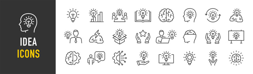 Idea web icons in line style. Innovation, creative, problem solving, light bulb, brainstorming, management, collection. Vector illustration.
