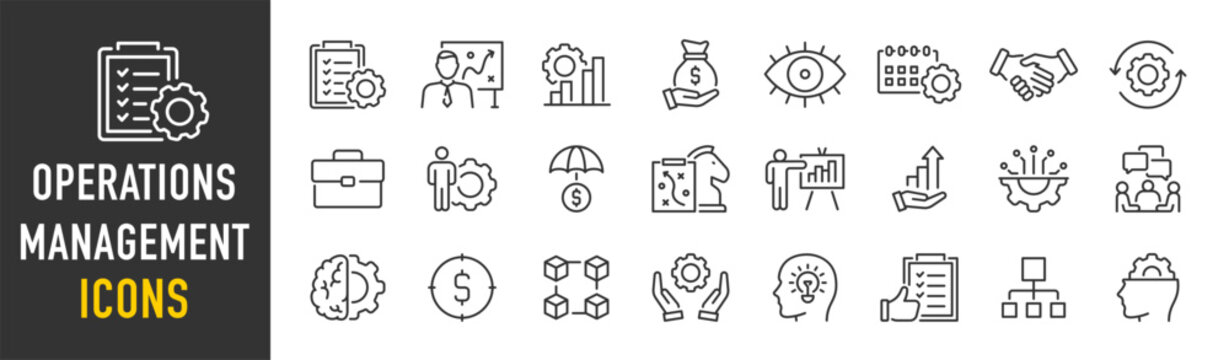 Operations management web icons in line style. Logistics, business process, maintenance, supply chain, improvement, planning, collection. Vector illustration.