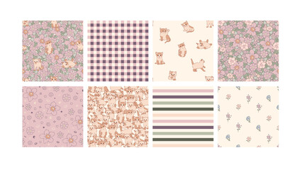 Kawaii Pattern rabbit Cat Kitten Bird Flower Groovy Svg Seamless