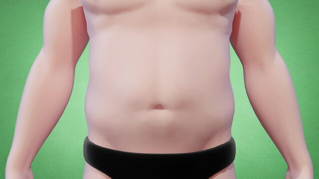 4K 3D animation of body slimming. Decreasing body weight of a man, drying fat.