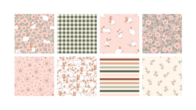 Kawaii Pattern rabbit Cat Kitten Bird Flower Groovy Svg Seamless