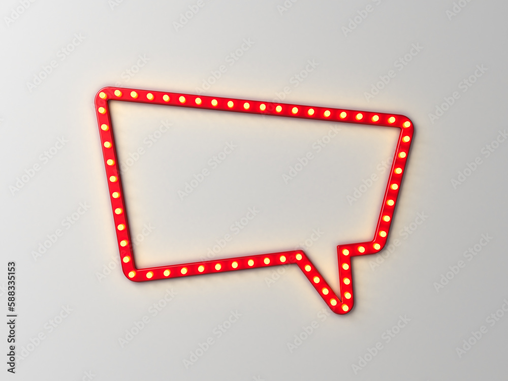 Poster Blank speech bubble notification red sign frame with retro yellow shining neon light bulbs isolated on dark white wall background with shadow creative idea concepts 3D rendering