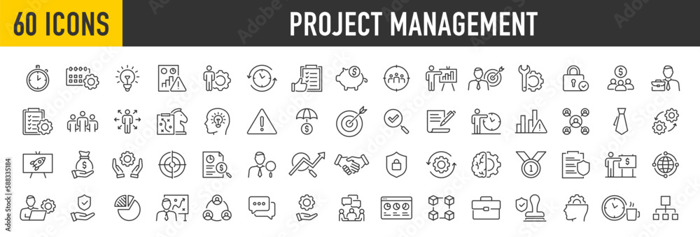 Sticker set of 60 project management web icons in line style. schedule, human resource, management, developm