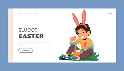 Sweet Easter Landing Page Template. Little Boy Donning Rabbit Ears Picks Brightly Colored Easter Eggs From The Grass