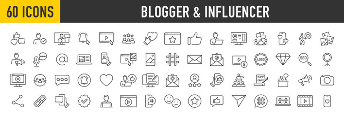 Obraz na płótnie Canvas Set of 60 Blogger and Influencer web icons in line style. Blog, monetization, personal brand, video, likes, social media, collection. Vector illustration.