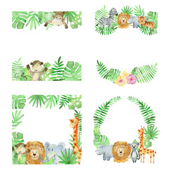 Baby shower cards. Watercolor safari frames with animals.