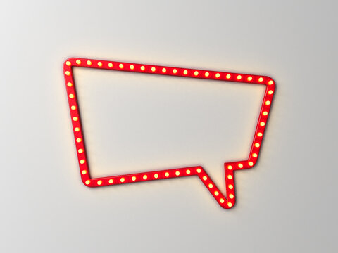 Blank speech bubble notification red sign frame with retro yellow shining neon light bulbs isolated on dark white wall background with shadow creative idea concepts 3D rendering