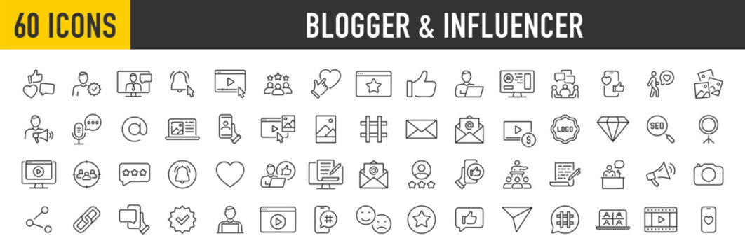 Set of 60 Blogger and Influencer web icons in line style. Blog, monetization, personal brand, video, likes, social media, collection. Vector illustration.