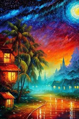Fototapeta na wymiar Tropical Village, palms, colofful landscape, generative ai art illustration 01