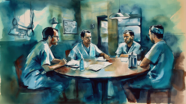 Group of medical workers having a discussion in a hospital. Healthcare communication illustration
