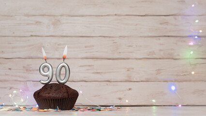 Festive card Happy Birthday with number of burning candles. Beautiful background save space, happy...