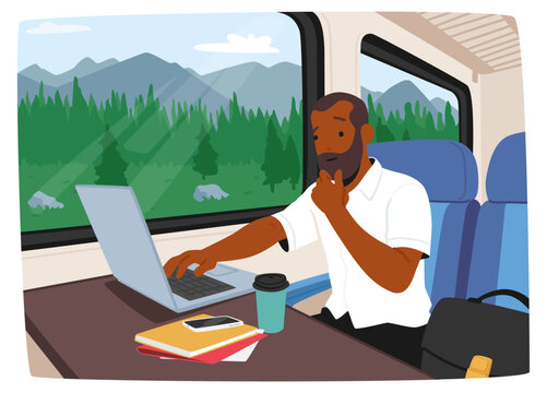 Man Using A Laptop While On A Train Commute. He Appears Focused And Productive Despite The Moving Vehicle