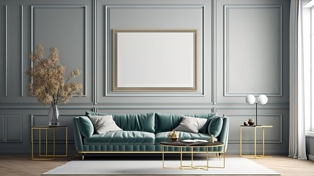 Frame mockup in modern classic living room interior background. Generative Ai
