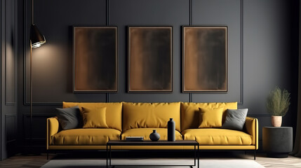 Frame mockup in modern dark home interior with grey sofa. Generative Ai