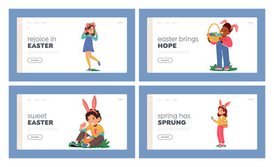 Happy Easter Holiday Landing Page Template Set. Kids Characters With Rabbit Ear Headband Joyfully Hunts For Eggs