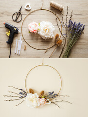 Making modern spring theme floral arrangement wreath for home decoration. Round metal hoop frame with various real and artificial branches and flowers attached. Before with tools and after ready. © FotoHelin