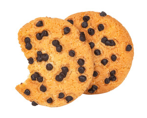 Isolated clipping path of die cut dark chocolate chip cookies piece stack and crumbs on white background of closeup tasty bakery organic homemade American biscuit sweet dessert