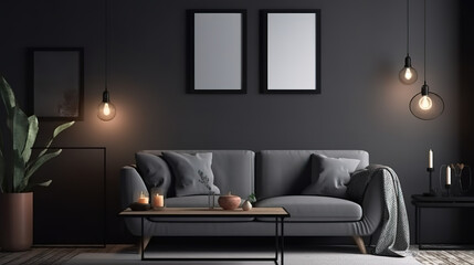 Picture frame mockup psd hanging in a modern living room. Generative Ai