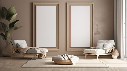Mock up poster frame in modern beige home interior. Generative Ai