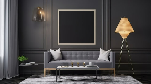 Frame mockup in modern dark home interior with grey sofa. Generative Ai