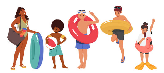 Children Standing with Inflatable Rings for Playing In Swimming Pool. Kids Characters Express Spirit Of Childhood