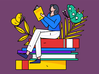 Quiet reading character flat vector concept operation hand drawn illustration
