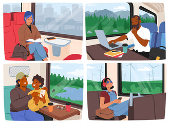 Commuters Sitting On Train Seats While Traveling To Their Destinations. People Reading, Lost In Thought Or Talking