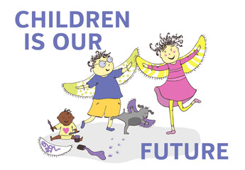 Hand drawn digital JPG Image of funny of children. Boy, girl, dog. Family. Horizontal print  for poster, card. White background