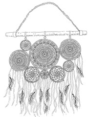 line art illustration of dream catcher , boho style illustration, bohemian lifestyle, black&white line art with ribbons and feathers