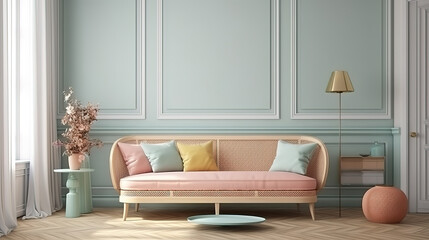 Vintage room in light pastel colors with modern sofa and rattan table. Generative Ai