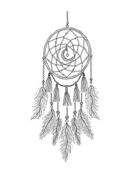 recommend clip art: line art illustration of dream catcher , boho style illustration, bohemian lifestyle, black&white line art with ribbons and feathers