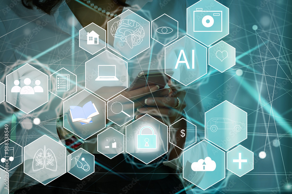 Poster ai tech, businessman show virtual graphic global internet connect chatgpt chat with ai, artificial i
