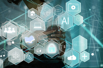 Ai tech, businessman show virtual graphic Global Internet connect Chatgpt Chat with AI, Artificial...