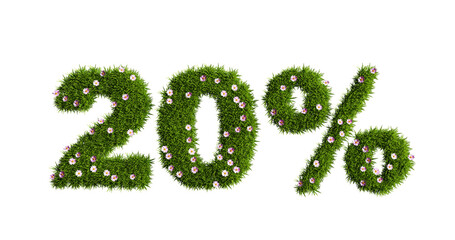 A 20 percent discount sign made of green grass and pink flowers isolated on a white background, a concept of discounts and promotions at sales, an element of spring and summer design, 3d rendering