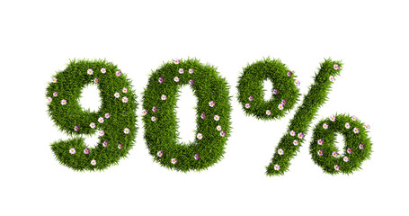 A 90 percent discount sign made of green grass and pink flowers isolated on a white background, 3d rendering - obrazy, fototapety, plakaty
