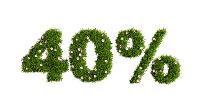 A 40 percent discount sign made of green grass and pink flowers isolated on a white background, a concept of discounts and promotions at sales, an element of spring and summer design, 3d rendering